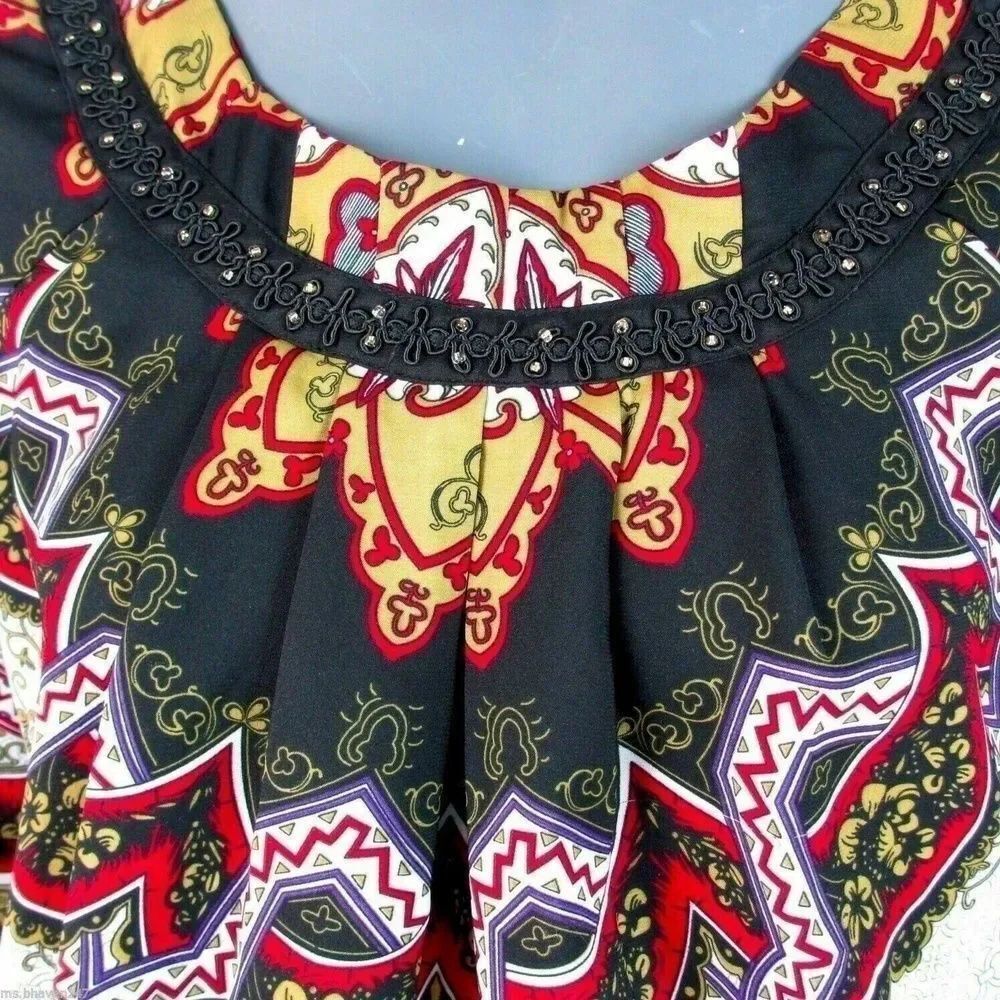 Nicole Miller Womens Top White Black Red Paisley Print Short Puff Sleeve 4 - Picture 2 of 4